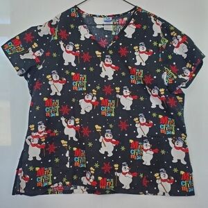 Frosty the Snowman Womens Size XXLarge Merry Christmas Black Nursing Scrub Top